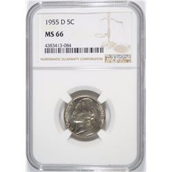 1955-D JEFFERSON NICKEL, NGC MS-66  NGC PRICE GUIDE=$190.00