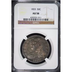1833 BUST HALF DOLLAR, NGC AU-58 100% ORIGINAL