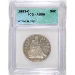 1853-O ARROWS & RAYS SEATED HALF DOLLAR, ICG AU-50  RARE!
