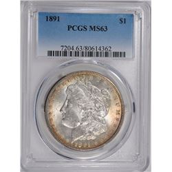 1891 MORGAN SILVER DOLLAR, PCGS MS-63  RAINBOW COLORS!
