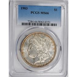 1903 MORGAN SILVER DOLLAR, PCGS MS-66 SUPERB  WHITE WITH LITTLE GOLD COLORS!