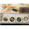 Image 2 : 12" x 16" Glass frame full of Collectables including Elongated Cents; Mattel Hot Wheels; Lee Riders 