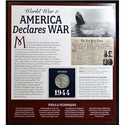 1944 - World War 1: America Declares War - Commemorative Historical Card With 1944 USA Silver 50-Cen