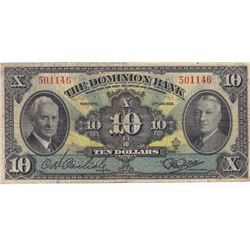 1938 Canadian - The Dominion Bank - $10 Bank Note - F+