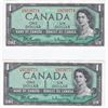 Image 1 : 2 Consecutive 1954 Bank of Canada $1 Bank Notes - "HM" Series