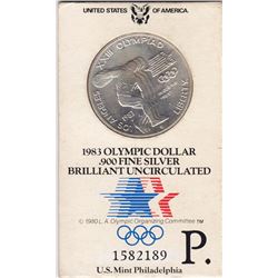 1983 USA Olympic Silver $1 Dollar Coin - BU On Card