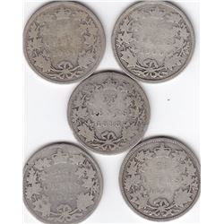 5 Canada Silver Victoria 25-Cent Quarter Coins - 1871 - 1901