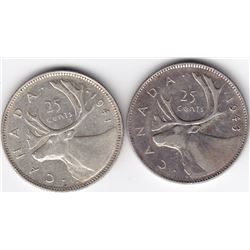 1941 & 1943 Canada Silver 25-Cent Quarter Coins - EF