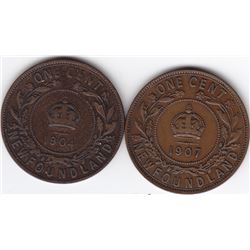 1904 & 1907 Newfoundland Canada One Cent Coin - Better Years - VF