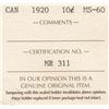 Image 3 : 1920 Canada ICCS Graded Silver 10-Cent Dime Coin - MS-60