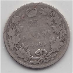1906 Canada ICCS Graded Silver 25-Cent Quarter Coin - AG-3 - SMALL CROWN VARIENT