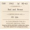 Image 3 : 1942 Canada ICCS Graded Small One Cent Coin - MS-63, Red & Brown