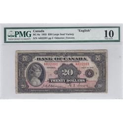 1935 Bank of Canada PMG Graded $20 Bank Note - Princess Elizabeth Bill - English - VG-10