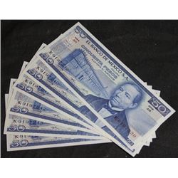 6 Consecutive 1973 Mexico 50 Peso Bank Notes - UNC