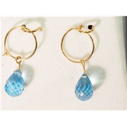 #44-14K GOLD BLUE TOPAZ TEAR DROP HOOP EARRINGS