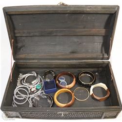 WOODEN JEWELLERY BOX WITH CONTENTS