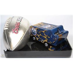 FLAT WITH COORS LIGHT FOOTBALL, OILERS ZAMBONI