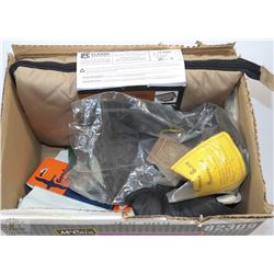 BOX WITH NEW GOLF SEAT BLANKET AND 3 PAIRS OF