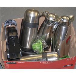 BOX OF THERMOS'S, BAGEL SLICER,SILVER CARAFES