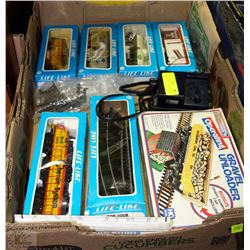 8 MODEL TRAIN CARS AND BRIDGES