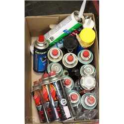 BOX OF NEW BUTANE CARTRIDGES AND OTHER HARDWARE