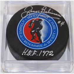 JEAN BELIVEAU HALL OF FAME 1972 SIGNED PUCK W/COA