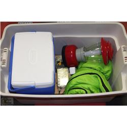 TAN BIN FULL OF CAMPING ACCESSORIES INCL.