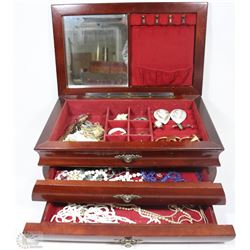 WOODEN JEWELLERY WITH DRAWER & CONTENTS 14"X9"