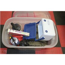 PINK BIN FULL OF CAMPING ACCESSORIES INCL.