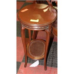 2 TIER CARVED WOOD & WICKER END TABLE