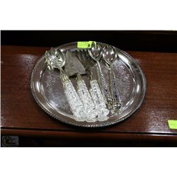 SILVER PLATED SERVING UTENSILS & TRAY