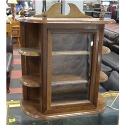 WOODEN AND GLASS HANGING CURIO CABINET