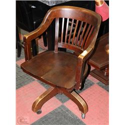 ANTIQUE WOODEN OFFICE CHAIR ON CASTORS