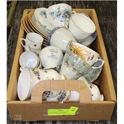 BOX OF MISC CUPS & SAUCERS - INCLUDES QUEEN ANNE