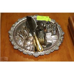 SILVER UTENSILS, SALT & PEPPER SHAKERS, & TRAY