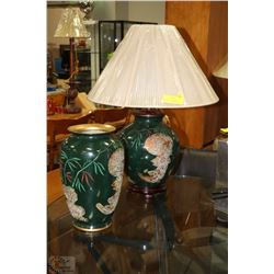 DARK GREEN LAMP WITH MATCHING DECORATIVE VASE