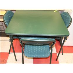 GREEN CARD TABLE WITH FOUR CLOTH COVERED CHAIRS