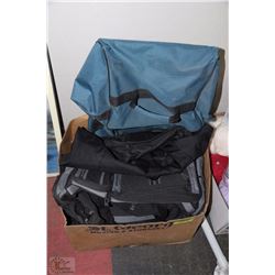 LARGE BOX W/DUFFLE BAGS, CARRY-ON BAGS