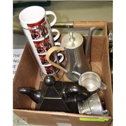 BOX WITH PEWTER TEA  POT, CREAM AND SUGAR SET MADE
