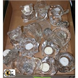 FLAT OF GLASS CANDLE HOLDERS AND CANDLES