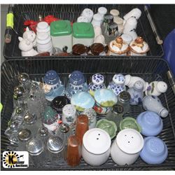 2 BLACK WICKER BASKETS OF SALT AND PEPPER SHAKERS