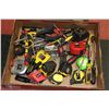 Image 1 : BOX WITH ASSORTED HAND TOOLS MOSTLY TAPE MEASURES