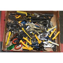BOX OF ASSORTED HAND TOOLS MOSTLY WRENCHES &
