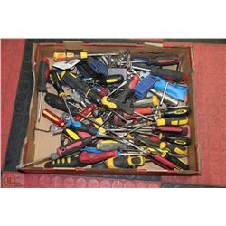 BOX OF ASSORTED HAND TOOLS AND MORE