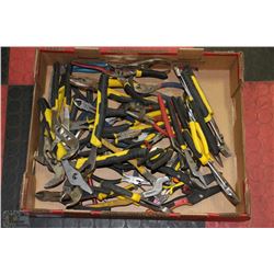 BOX WITH ASSORTED HAND TOOLS MOSTLY PLIERS & MORE