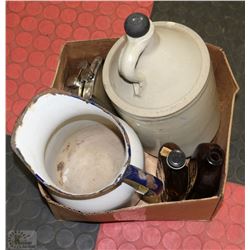 BOX WITH ANTIQUE,VINTAGE LIQUOR BOTTLES, ENAMEL