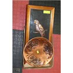 COPPER SIGNED PLATE AND COPPER PARROT FRAMED
