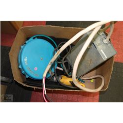 BOX OF ASSORTED MISCELLANOUS ITEMS; AIR HOSE REEL,