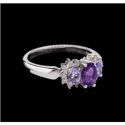 0.74ctw Tanzanite, Amethyst and Diamond Ring - 14KT White Gold