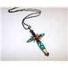 Image 2 : Native American Old Pawn Zuni Sterling Silver Turquoise Coral MOP Jet Mosaic Inlay Cross Pendant Nec